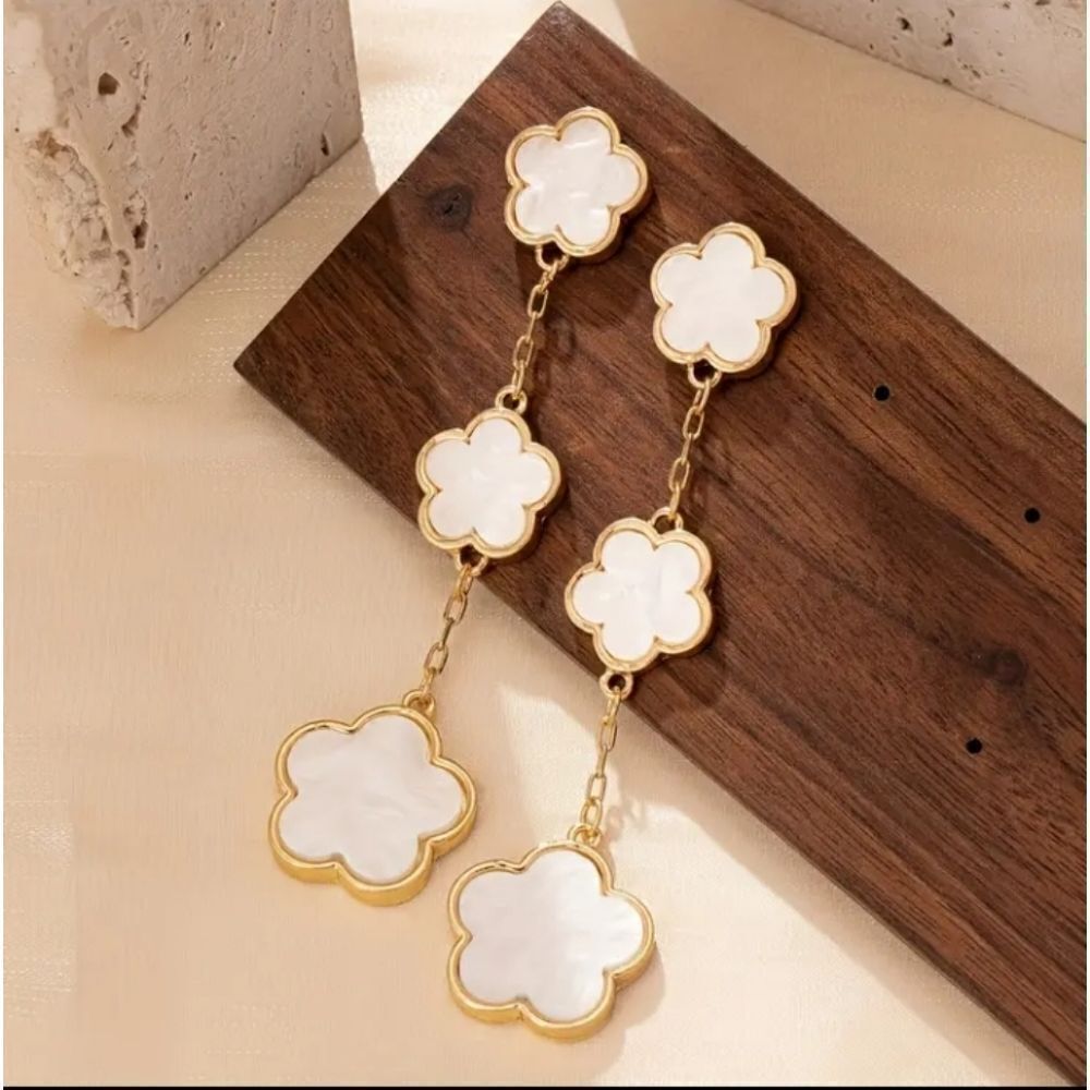 White Flower Five Leaf Clover Gold Dangle Earrings